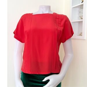 1980s red silk flowy short sleeve blouse